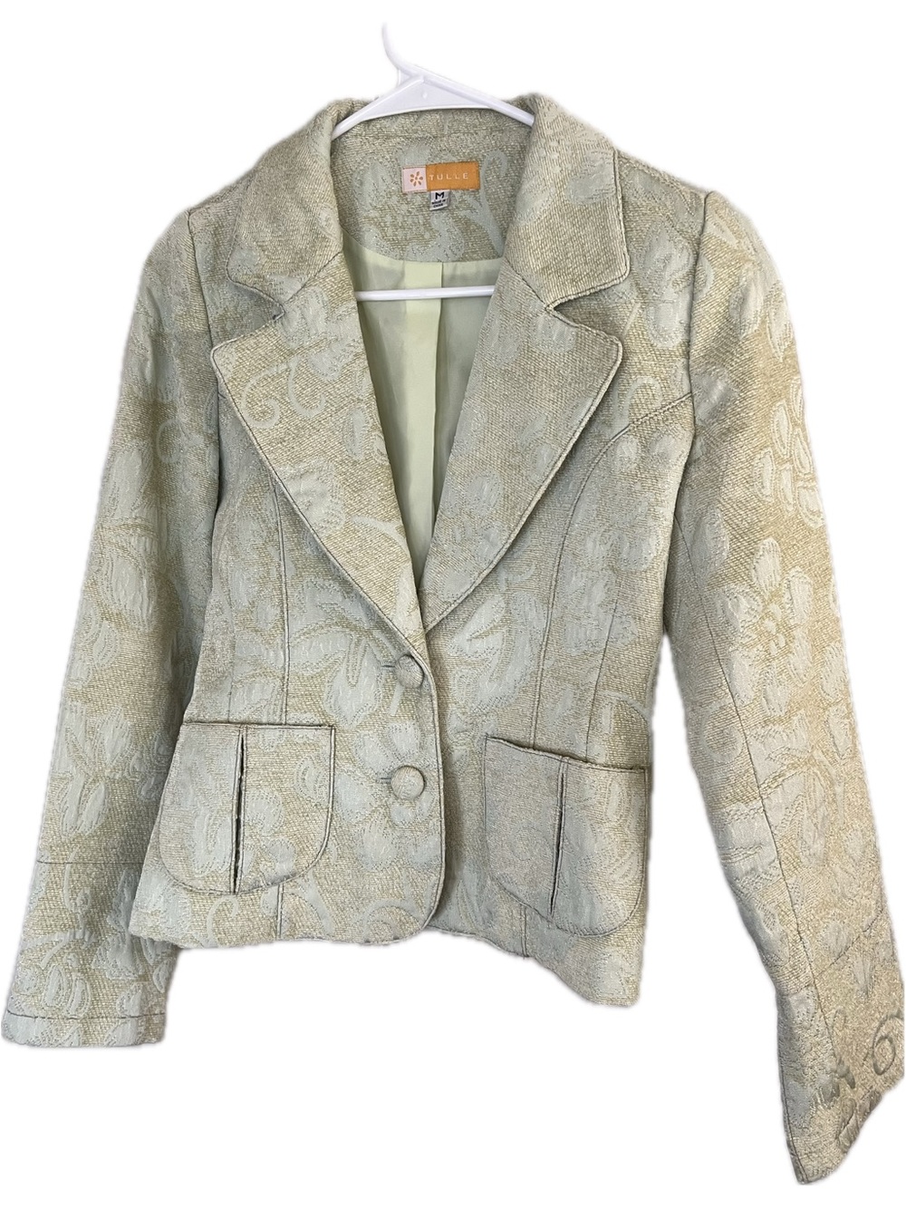 Tulle Light Sage Green Satin Floral Jacquard Tailored Women's Blazer